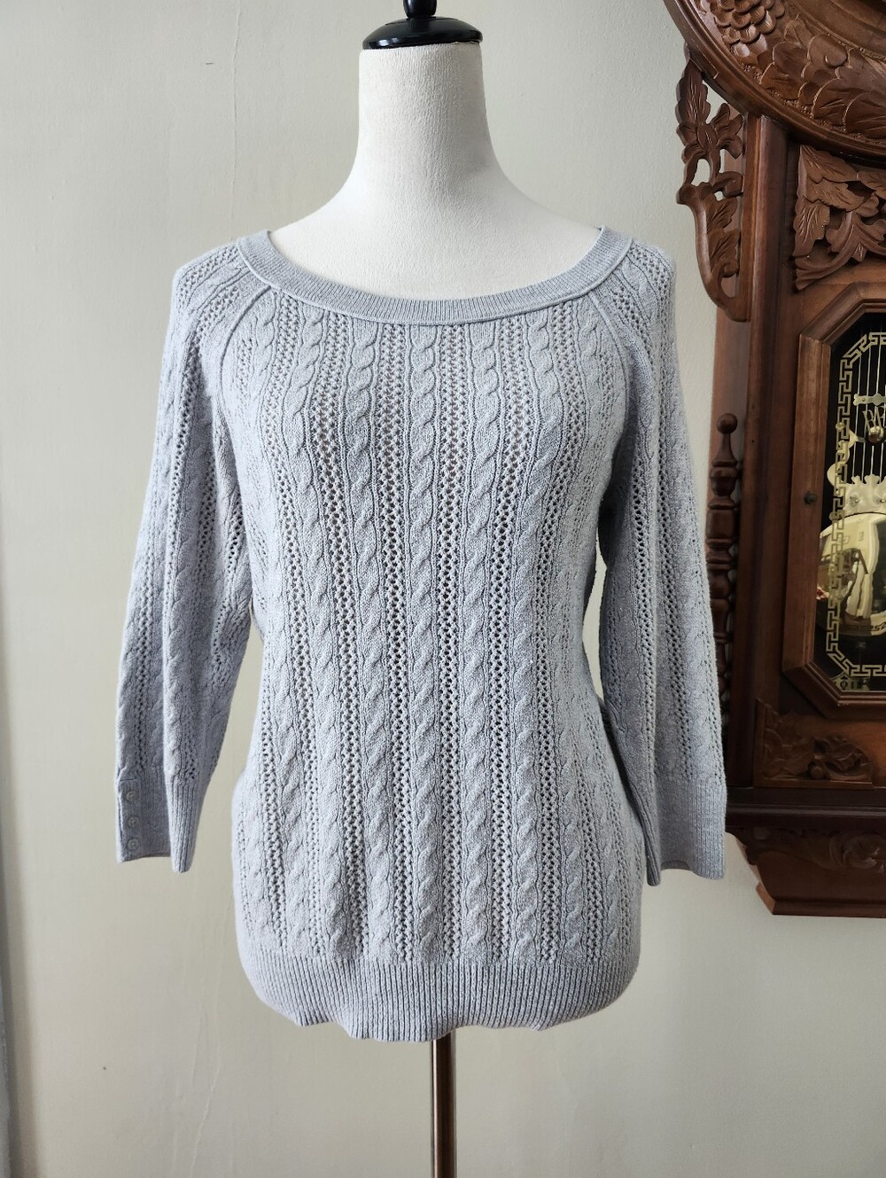 Amerucan Eagle Light Gray Cable-Knit Women's Wool Mix Sweater, XL